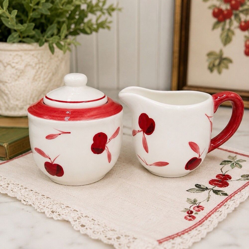 Rare Dansk Bing Cherry Creamer Sugar Bowl Set Cottagecore Red Cherries Ceramic